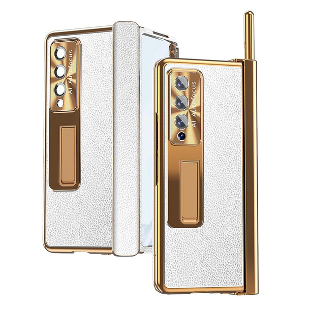 Samsung Galaxy Z Fold3 5G Litchi Pattern Magnetic Shell Film Integrated Shockproof Phone Case(Silver Gold)