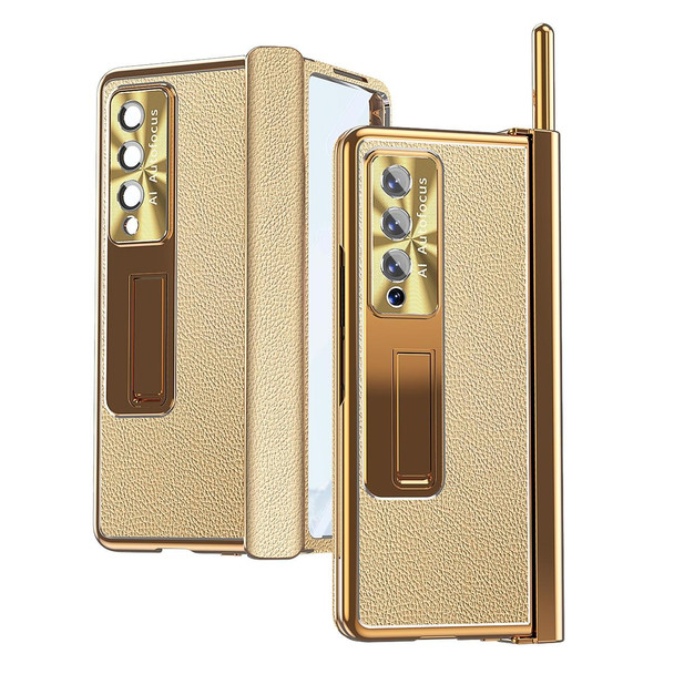 Samsung Galaxy Z Fold3 5G Litchi Pattern Magnetic Shell Film Integrated Shockproof Phone Case(Gold)