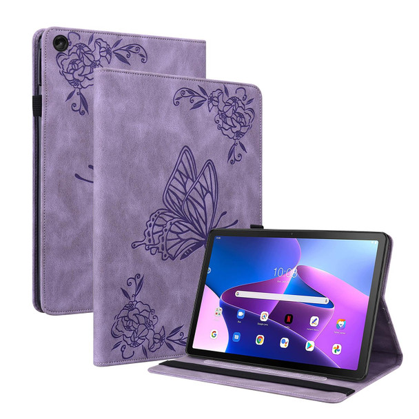 Lenovo Tab M10 10.1 3rd Gen Butterfly Flower Embossed Leather Tablet Case(Purple)