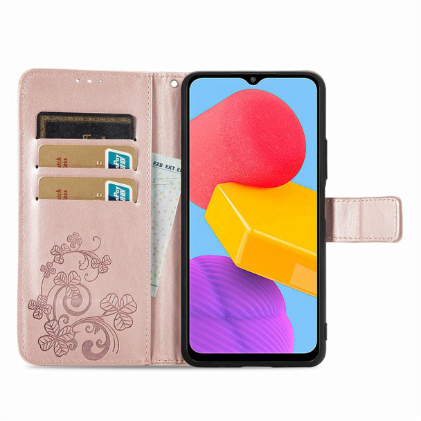 Samsung Galaxy M13 4G Four-leaf Clasp Embossed Buckle Leather Phone Case(Rose Gold)