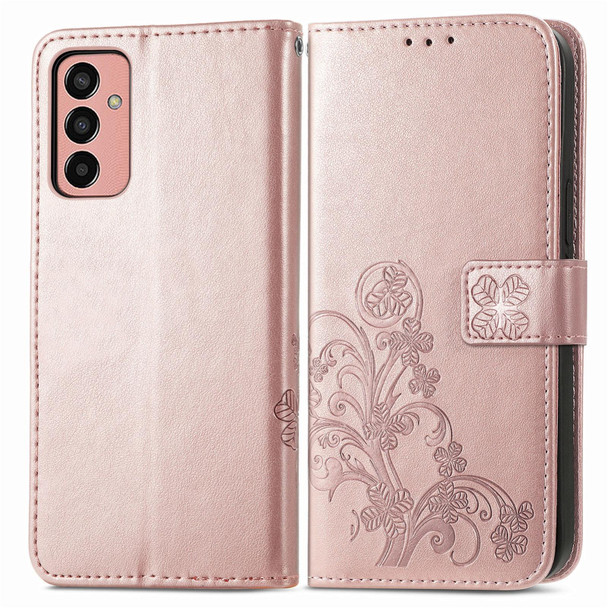 Samsung Galaxy M13 4G Four-leaf Clasp Embossed Buckle Leather Phone Case(Rose Gold)