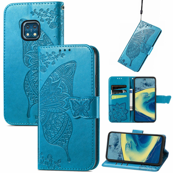 Butterfly Love Flowers Embossed Horizontal Flip Leatherette Case with Holder & Card Slots & Wallet & Lanyard - Nokia XR20(Blue)