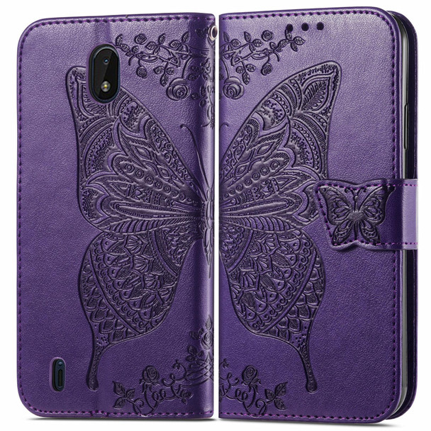 Butterfly Love Flowers Embossed Horizontal Flip Leatherette Case with Holder & Card Slots & Wallet & Lanyard - Nokia C01 Plus(Dark Purple)