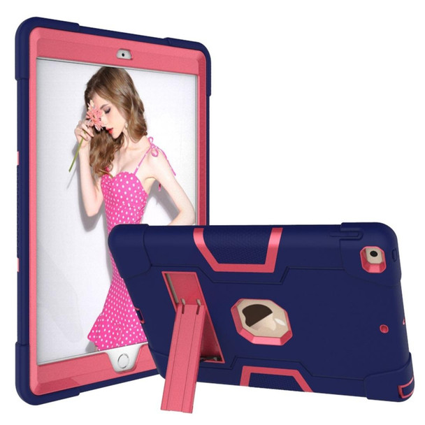 iPad 10.2 Contrast Color Silicone + PC Combination Case with Holder(Navy Blue + Rose Red)