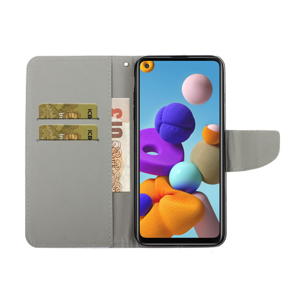 Samsung Galaxy A21s Coloured Drawing Pattern Horizontal Flip PU Leather Case with Holder & Card Slots & Wallet & Lanyard(Purple Butterfly)