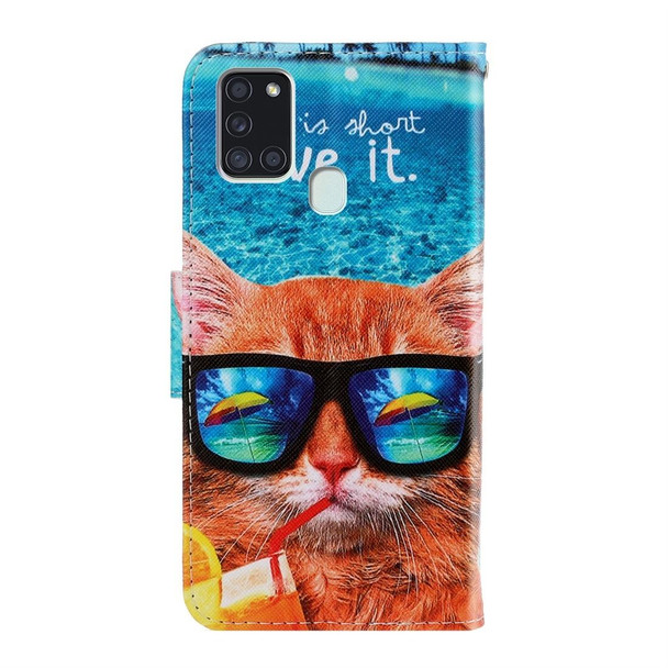 Samsung Galaxy A21s 3D Colored Drawing Horizontal Flip PU Leather Case with Holder & Card Slots & Wallet(Underwater Cat)