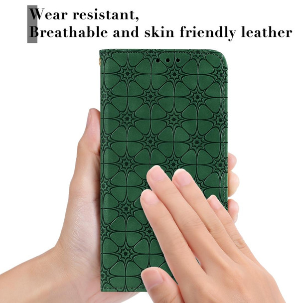 Samsung Galaxy A51 5G Lucky Flowers Embossing Pattern Magnetic Horizontal Flip Leather Case with Holder & Card Slots(Dark Green)