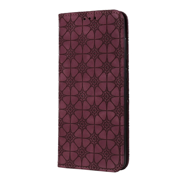 Samsung Galaxy A21s Lucky Flowers Embossing Pattern Magnetic Horizontal Flip Leather Case with Holder & Card Slots(Wine Red)