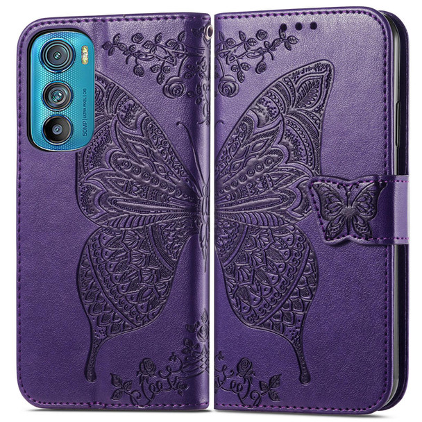 Motorola Edge 30 Butterfly Love Flower Embossed Flip Leather Phone Case(Dark Purple)