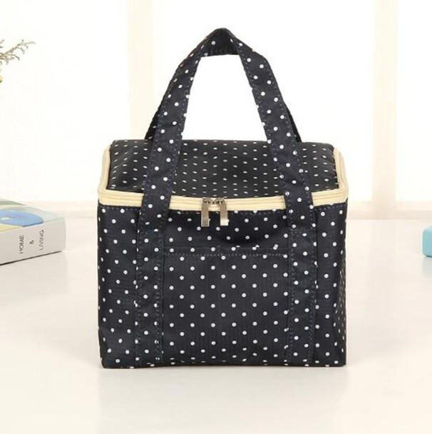 Large Oxford Cloth Insulation Bag Portable Lunch Bag Color Square Outdoor Picnic Bag(Navy Dot)