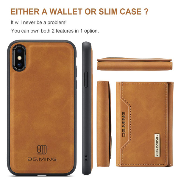 DG.MING M2 Series 3-Fold Multi Card Bag + Magnetic Back Cover Shockproof Case with Wallet & Holder Function - iPhone XS Max(Brown)