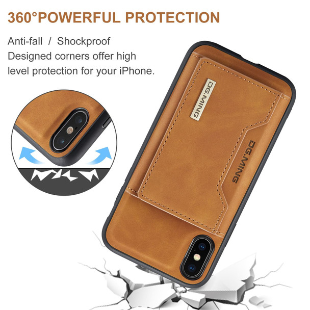 DG.MING M2 Series 3-Fold Multi Card Bag + Magnetic Back Cover Shockproof Case with Wallet & Holder Function - iPhone XS Max(Brown)