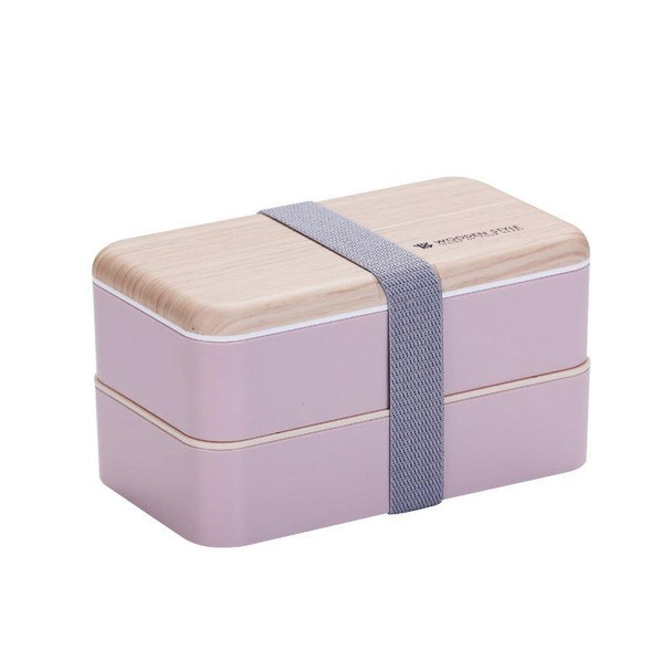 Office Double-layer Separated Lunch Box Wooden Portable Microwaveable Heating Student Bento Box with Cutlery(Pink)
