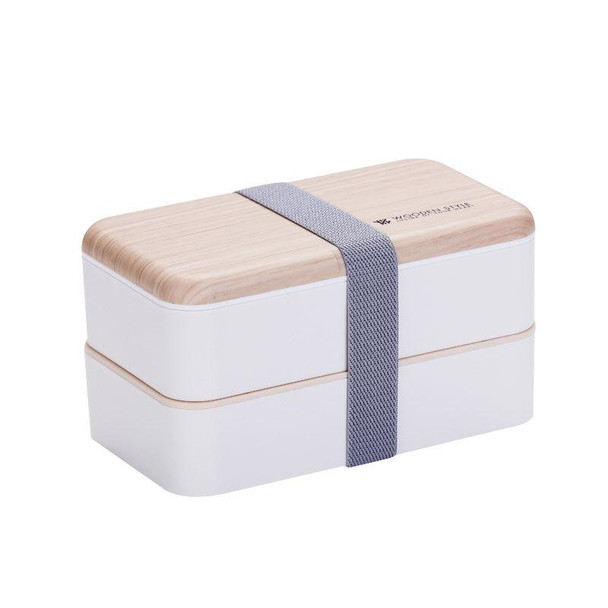 Office Double-layer Separated Lunch Box Wooden Portable Microwaveable Heating Student Bento Box with Cutlery(White)