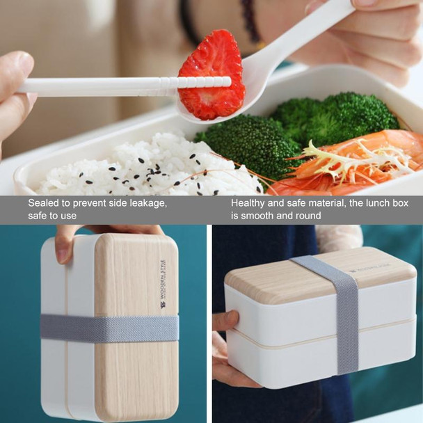 Office Double-layer Separated Lunch Box Wooden Portable Microwaveable Heating Student Bento Box with Cutlery(White)