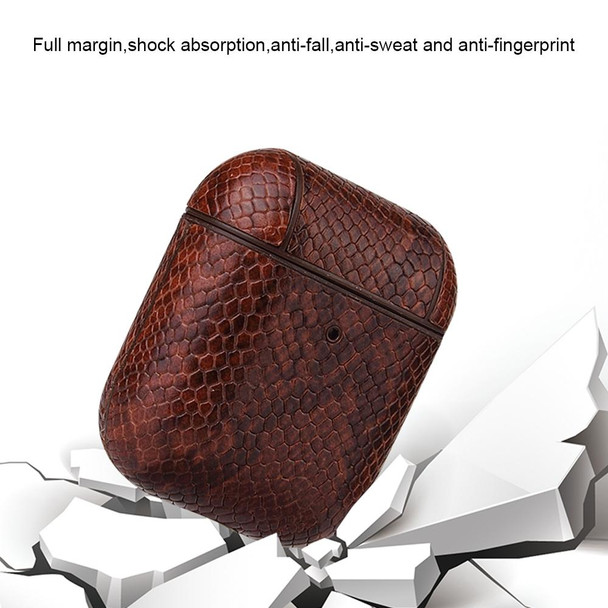 AirPods 1 & 2 Anti-fall Snakeskin Texture PU Leatherette Protective Case with Carabiner(Coffee)