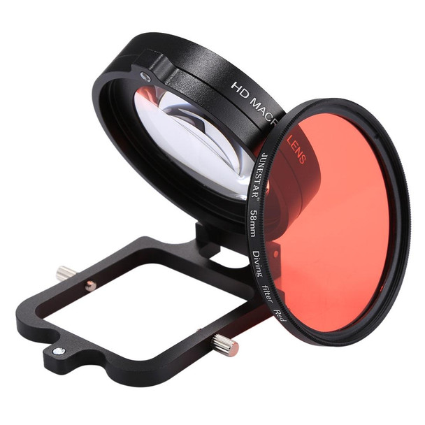 58mm 16X Macro Lens + Red Diving Lens Filter with Lens Cover + Lens Filter Ring Adapter + String + Cleaning Cloth for GoPro HERO6 /5 Dive Housing