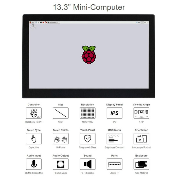 Waveshare 13.3 inch Mini-Computer Powered by Raspberry Pi 3A+, HD Touch Screen(UK Plug)