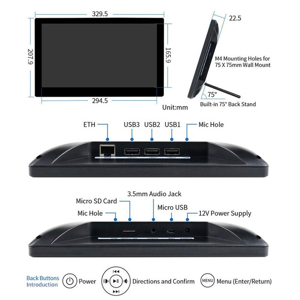 Waveshare 13.3 inch Mini-Computer Powered by Raspberry Pi 3A+, HD Touch Screen(UK Plug)