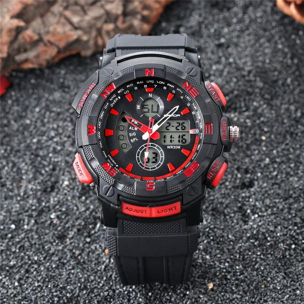 SANDA 775 Watch Male Electronic Watch Adult Middle School Students Youth Multi Functional Sports Water Proof Trend Double Watch(Red)