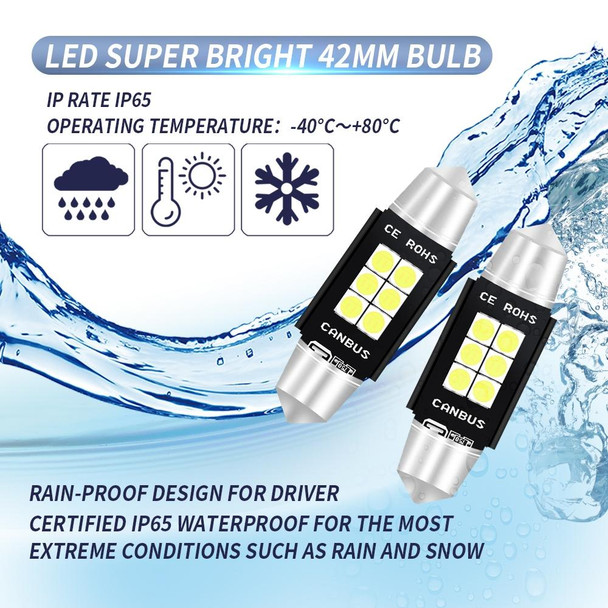 2 PCS 42mm DC12V-24V 3W 6000K 660LM 6LEDs SMD-3030 Car Reading Lamp / License Plate Light