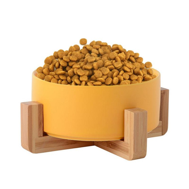 15.5cm/850ml Cat Bowl Dog Pot Pet Ceramic Bowl, Style:Single Bowl With Wooden Stand(Yellow)