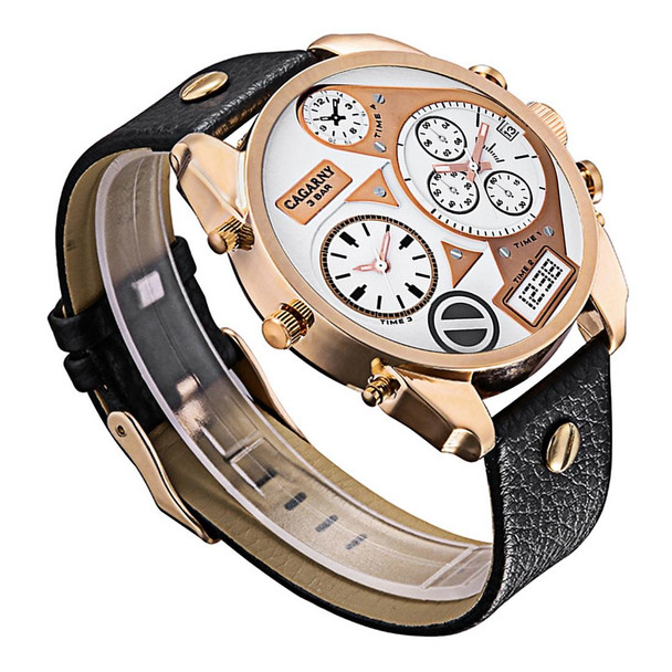 CAGARNY 6822 Fashionable Concise Style Large Dial Dual Clock Rose Gold Case Quartz Movement Wrist Watch with Leatherette Band & GMT Time & Calendar Functions for Men(White Window)