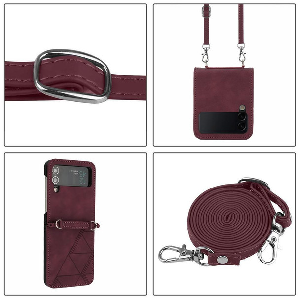 Samsung Galaxy Z Flip3 5G Crossbody 3D Embossed Leather Phone Case(Wine Red)