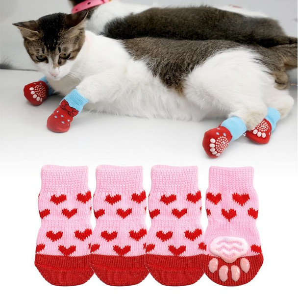 2 Pairs Pet Dog Puppy Cat Shoes Slippers Non-Slip Socks Pet Cute Indoor for Small Dogs Cats Snow Boots Socks, Size:M(Light Red)