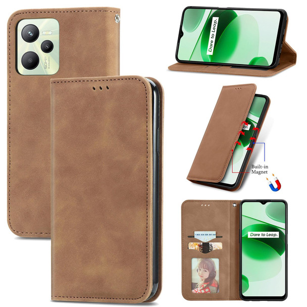 Realme C35 Retro Skin Feel Magnetic Leather Phone Case(Brown)