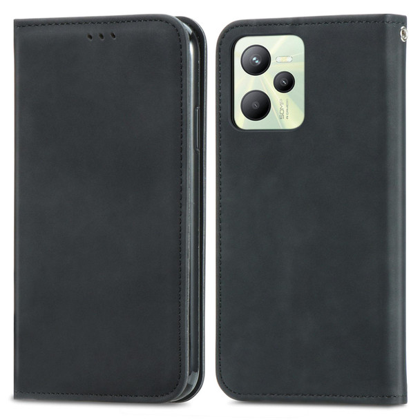 Realme C35 Retro Skin Feel Magnetic Leather Phone Case(Black)