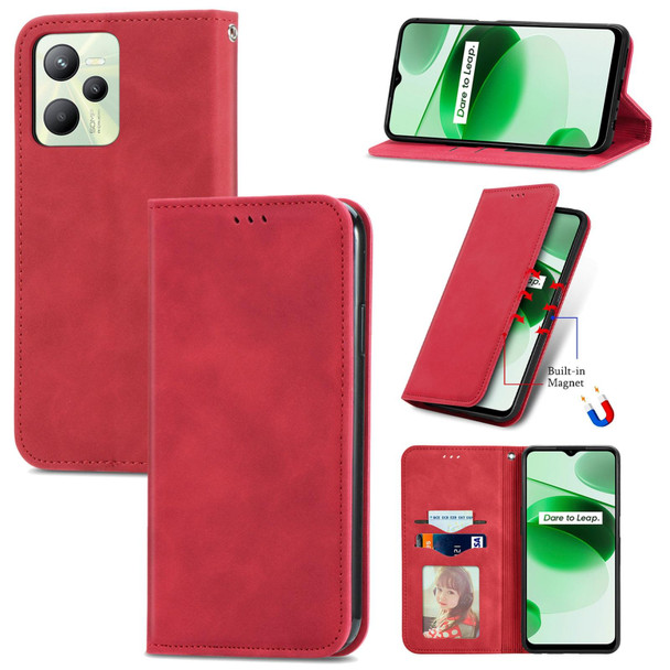 Realme C35 Retro Skin Feel Magnetic Leather Phone Case(Red)
