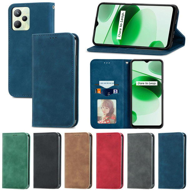 Realme C35 Retro Skin Feel Magnetic Leather Phone Case(Green)