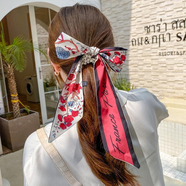 2 PCS QC30162 Elegant Pearl Bow Streamer Tied Hair Rope Hair Bands(Red Flowers)