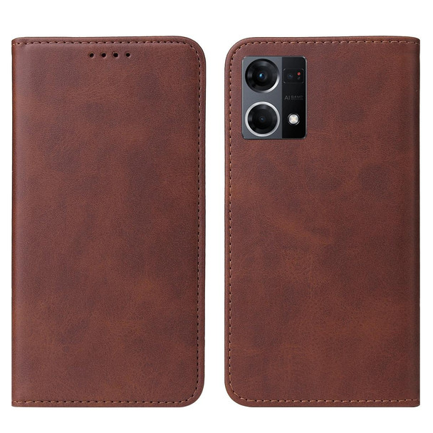 OPPO Reno7 4G Magnetic Closure Leather Phone Case(Brown)