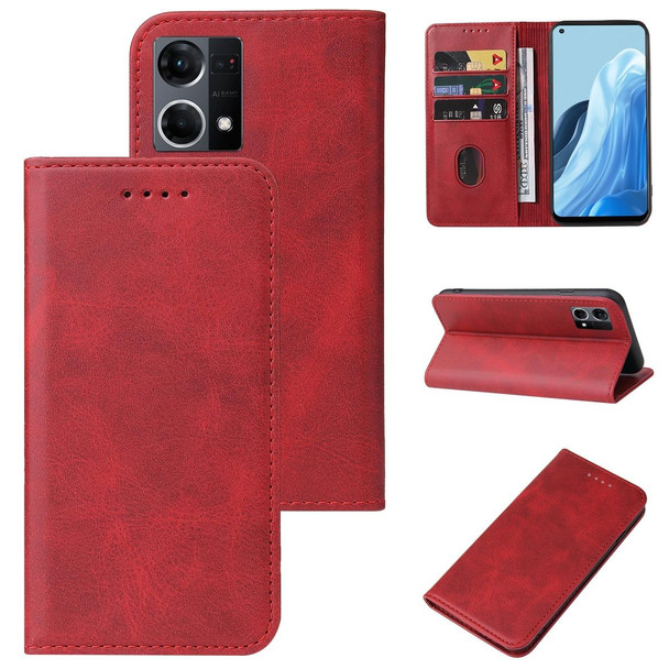 OPPO Reno7 4G Magnetic Closure Leather Phone Case(Red)