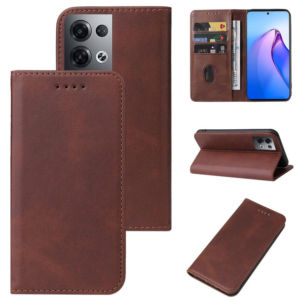 OPPO Reno8 Pro Magnetic Closure Leather Phone Case(Brown)