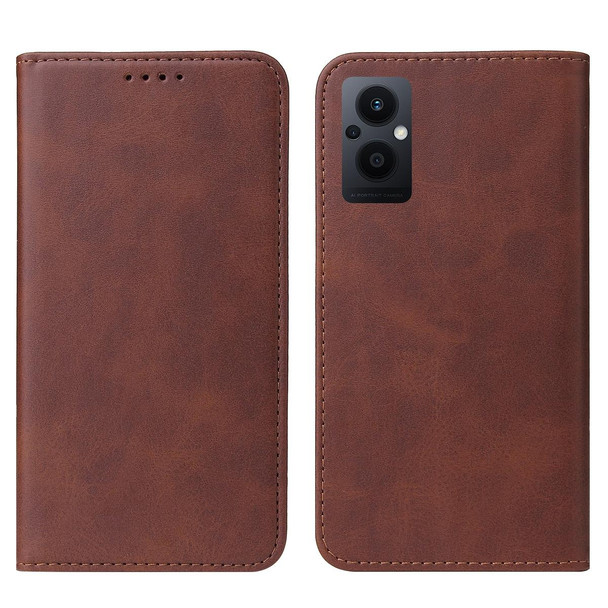 OPPO Reno8 Lite Magnetic Closure Leather Phone Case(Brown)