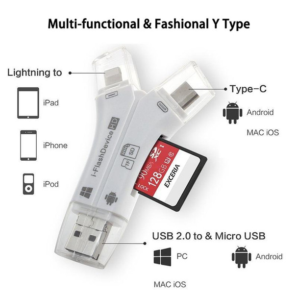 NK-908 4 in 1 i-Flash Y-shaped TF Card / SD Card Reader - 8 Pin + USB-C / Type-C + Micro USB + USB Devices