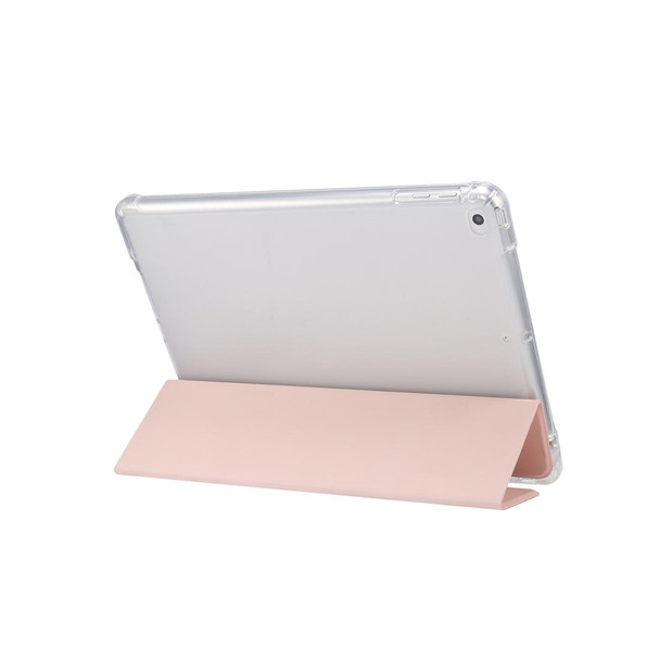 iPad 9.7(2018)/(2017)/Air 2/Air 3-folding Electric Pressed Skin Texture Horizontal Flip Shockproof Transparent TPU + PU Leather Case with Holder & Pen Slot & Sleep / Wake-up Function(Light Pink)