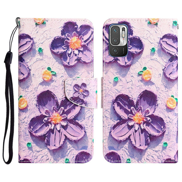 Xiaomi Redmi Note 10 5G Colored Drawing Leather Phone Case(Purple Flower)