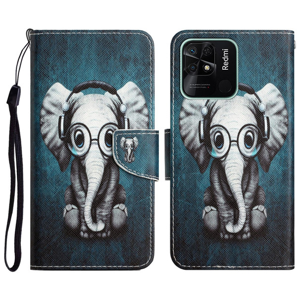 Xiaomi Redmi 10C Colored Drawing Leather Phone Case(Earphone Elephant)