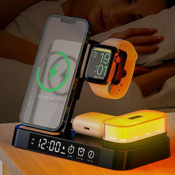 A37 30W 3-in-1 Wireless Charging Phone Stand with RGB Night Light & Alarm Clock & Watch Charger - Apple Function(White)