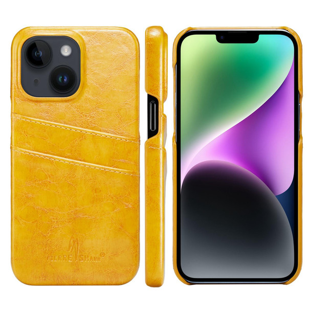 Fierre Shann Retro Oil Wax Texture PU Leatherette Case with Card Slots - iPhone 14(Yellow)