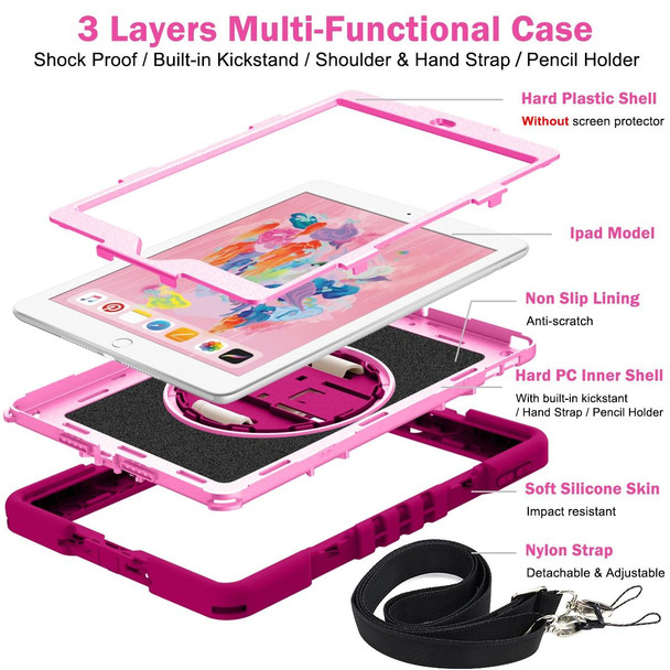 360 Degree Rotation Contrast Color Shockproof Silicone + PC Case with Holder & Hand Grip Strap & Shoulder Strap - iPad 10.2 2021 / 2020 / 2019 (Rose Red+Pink)
