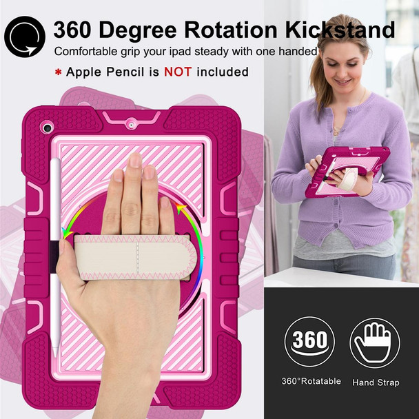 360 Degree Rotation Contrast Color Shockproof Silicone + PC Case with Holder & Hand Grip Strap & Shoulder Strap - iPad 10.2 2021 / 2020 / 2019 (Rose Red+Pink)