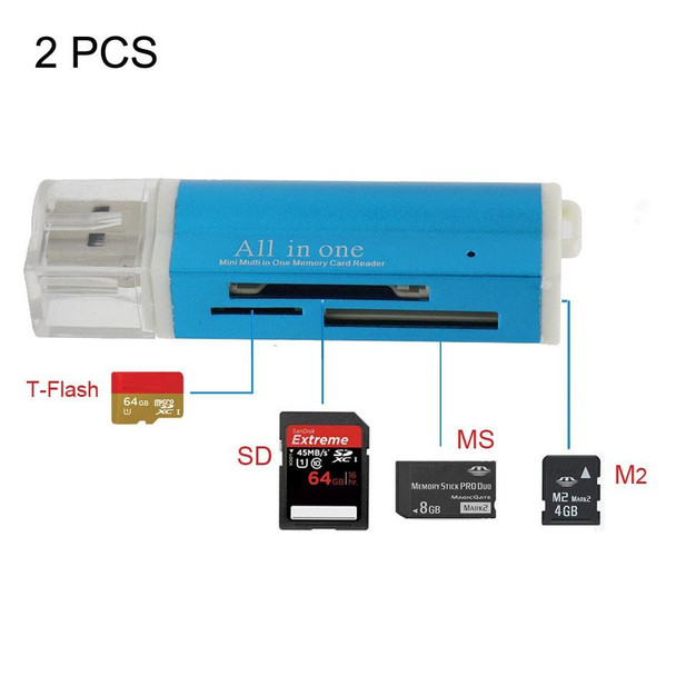 2 PCS Multi All in 1 USB 2.0 Micro SD SDHC TF M2 MMC MS PRO DUO Memory Card Reader(Blue)