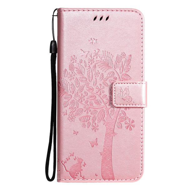 Google Pixel 6 Tree & Cat Embossed Pattern Horizontal Flip Leather Case with Holder & Card Slots & Wallet & Lanyard(Rose Gold)