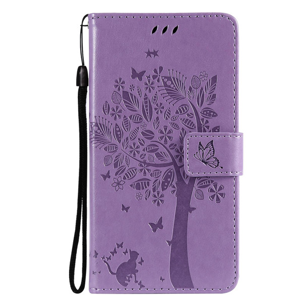 Google Pixel 6 Tree & Cat Embossed Pattern Horizontal Flip Leather Case with Holder & Card Slots & Wallet & Lanyard(Light Purple)