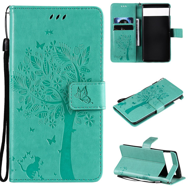 Google Pixel 6 Tree & Cat Embossed Pattern Horizontal Flip Leather Case with Holder & Card Slots & Wallet & Lanyard(Green)